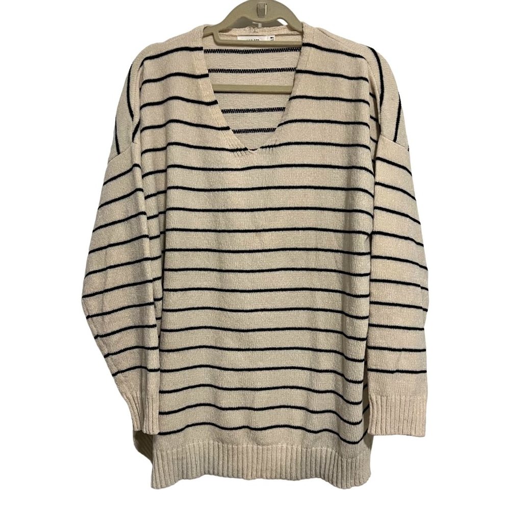 Mod Ref Sweater Womens Cream Black Striped Knit V Neck Pullover Size M/L